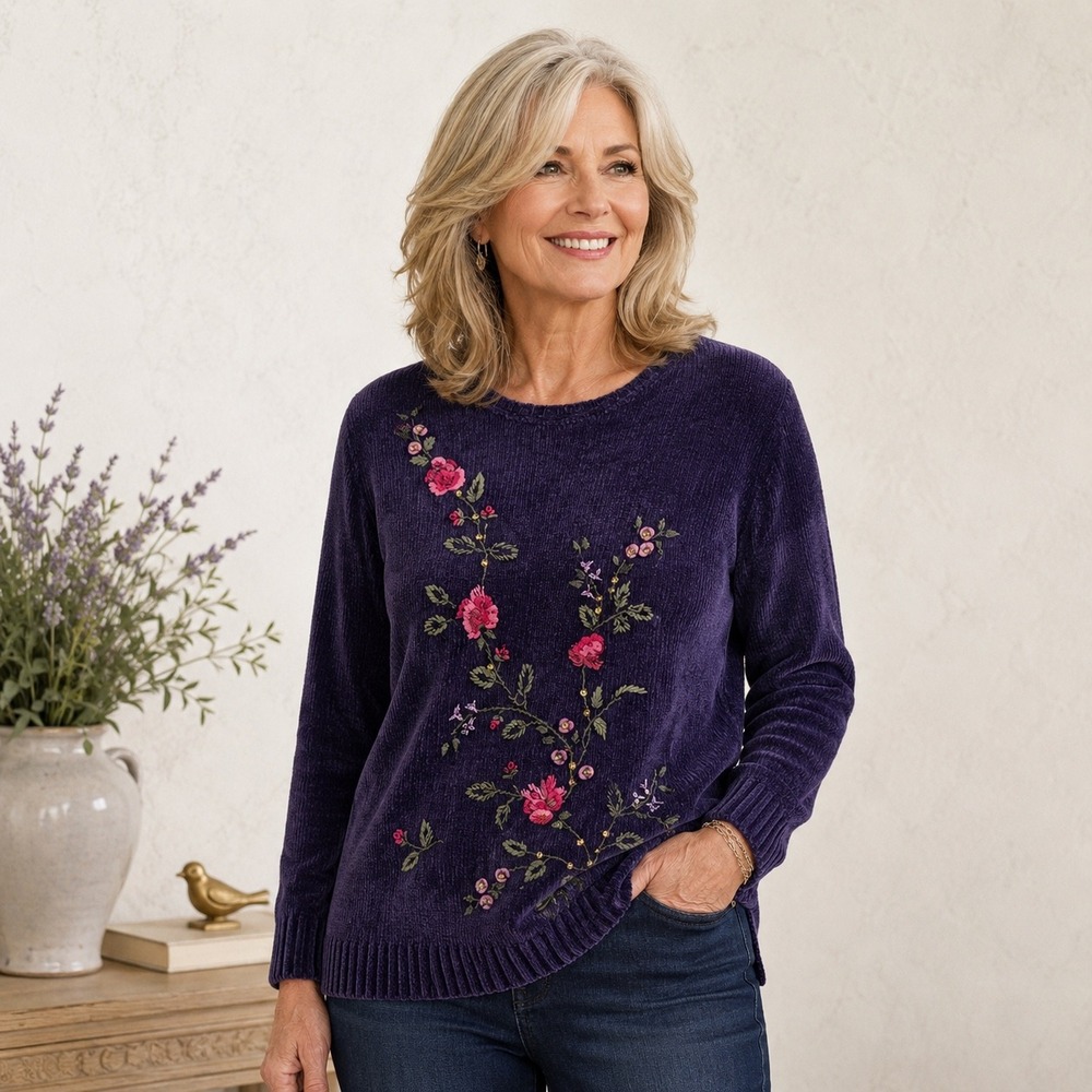 Carolyn Taylor Purple Floral Embroidered Corduroy Knit Sweater Sequin Crew Neck